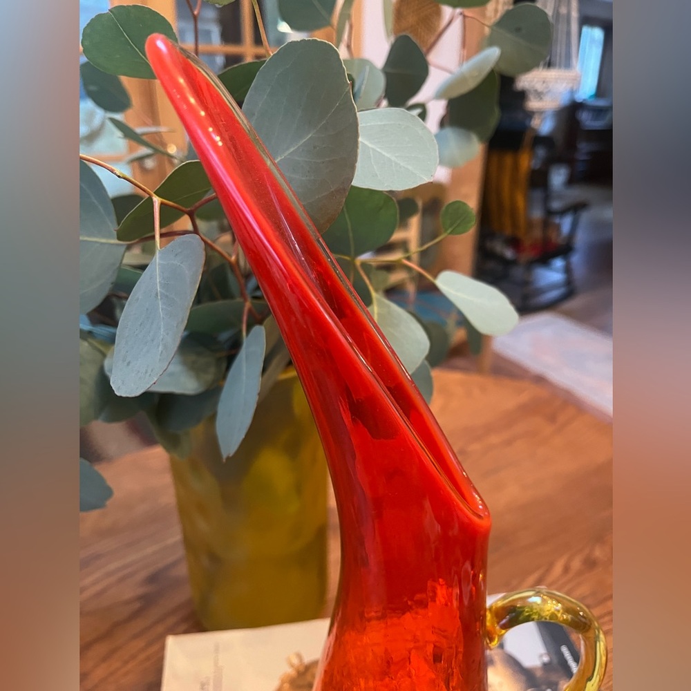 Vintage Vibrant Amber Red Orange Crackle Glass Pitcher MCM - Picture 3 of 8